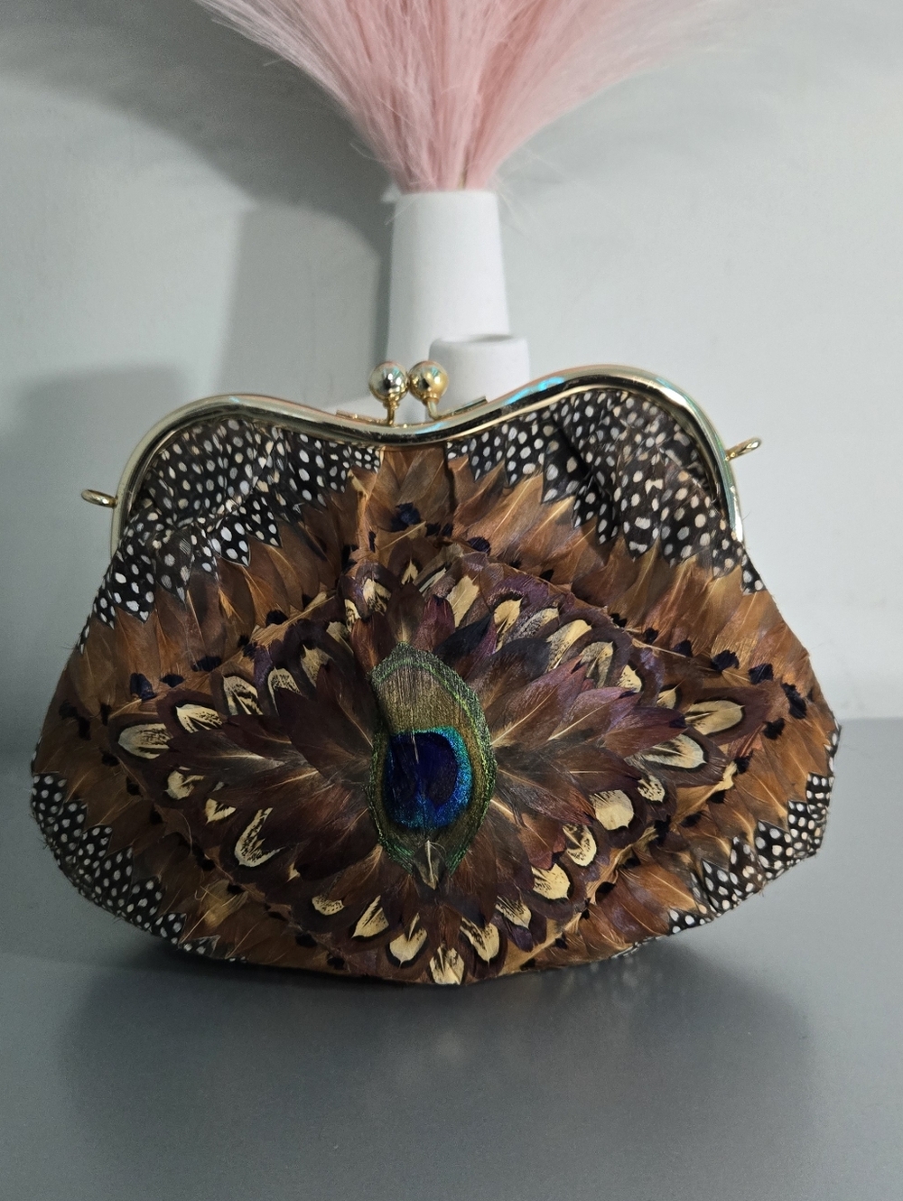 Vintage 1970s Peacock & Guinea Hen Feather Clutch